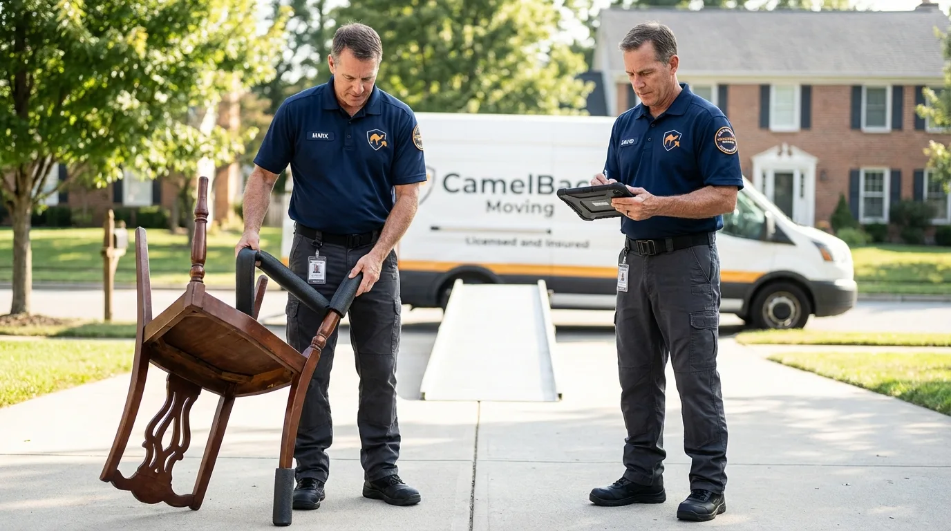 Movers inspecting furniture for damage prevention before loading in Tahoma, CA