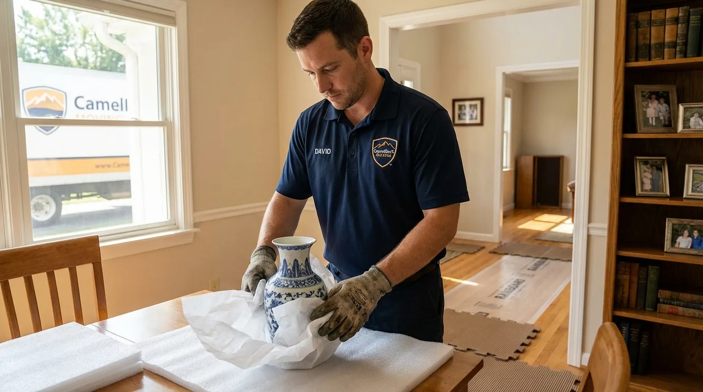 Professional crew carefully wrapping antique vase for senior downsizing move in Tahoma, CA