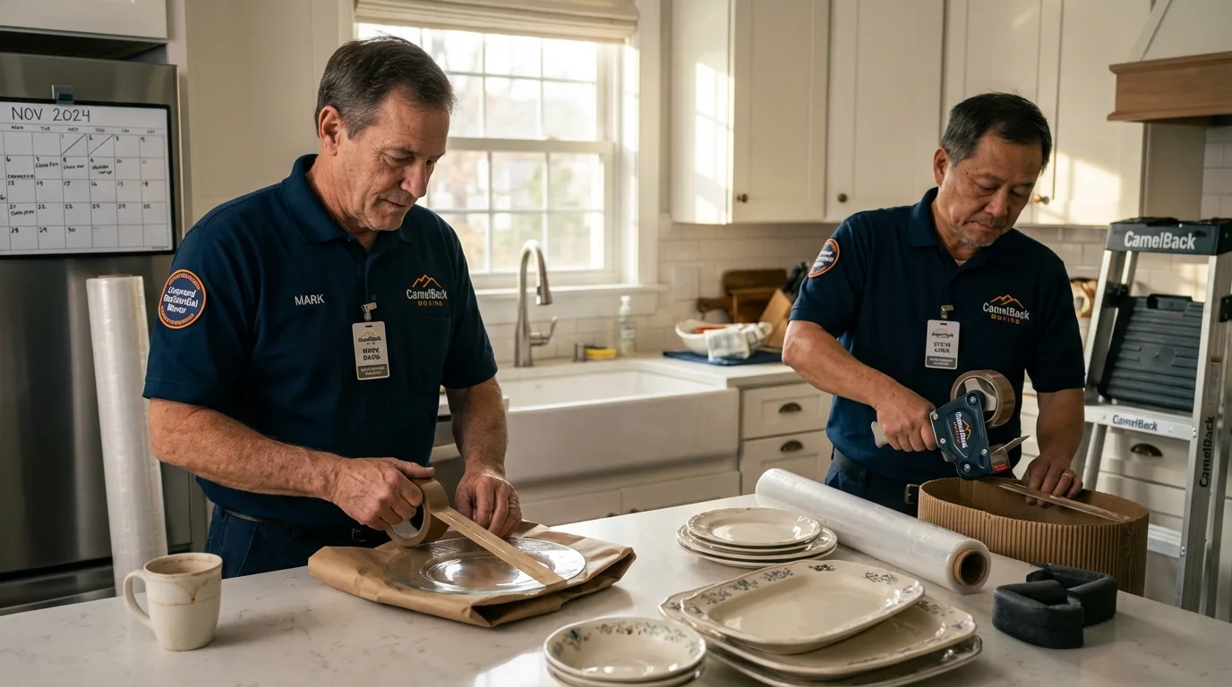Professional crew packing kitchen dishware in Tahoma, CA